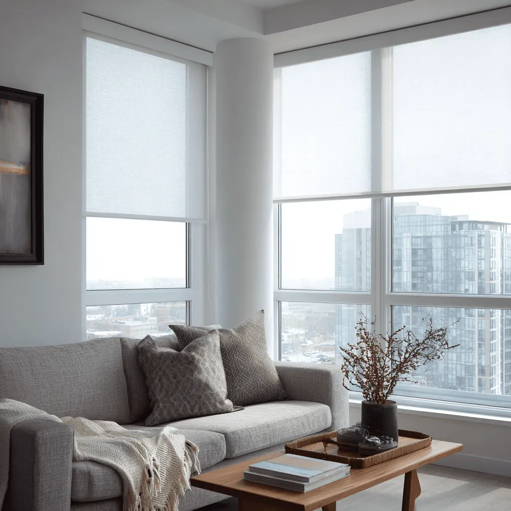Motorized roller shades on tall Geist windows